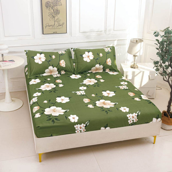 huse cu elastic bumbac satinat pat dublu verde crem flori CF823