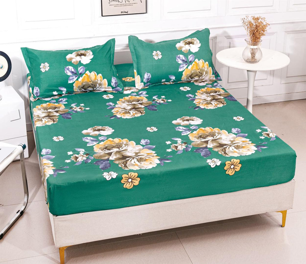 Huse cu Elastic Bumbac Satinat Pat Dublu Verde Floral CF244