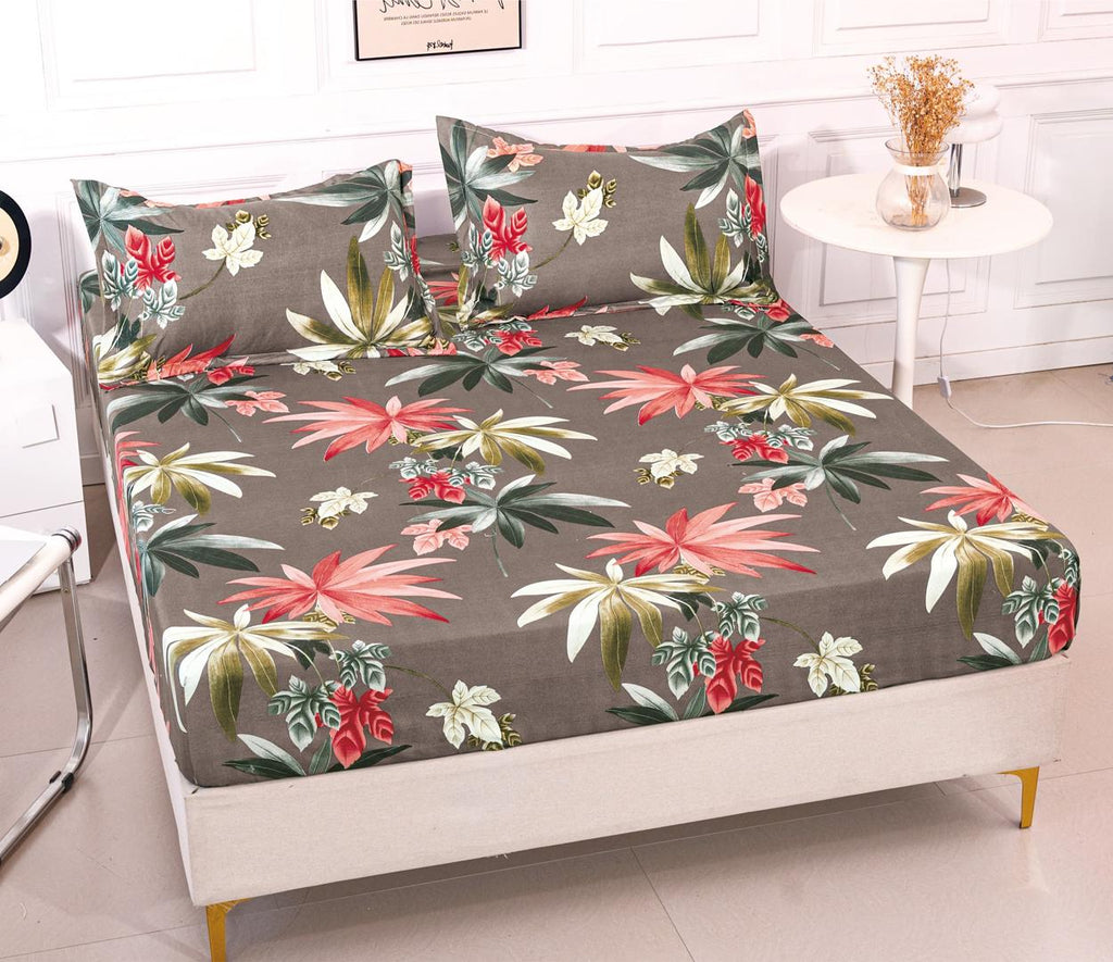 Huse cu Elastic Bumbac Satinat Pat Dublu Maro Floral CF257