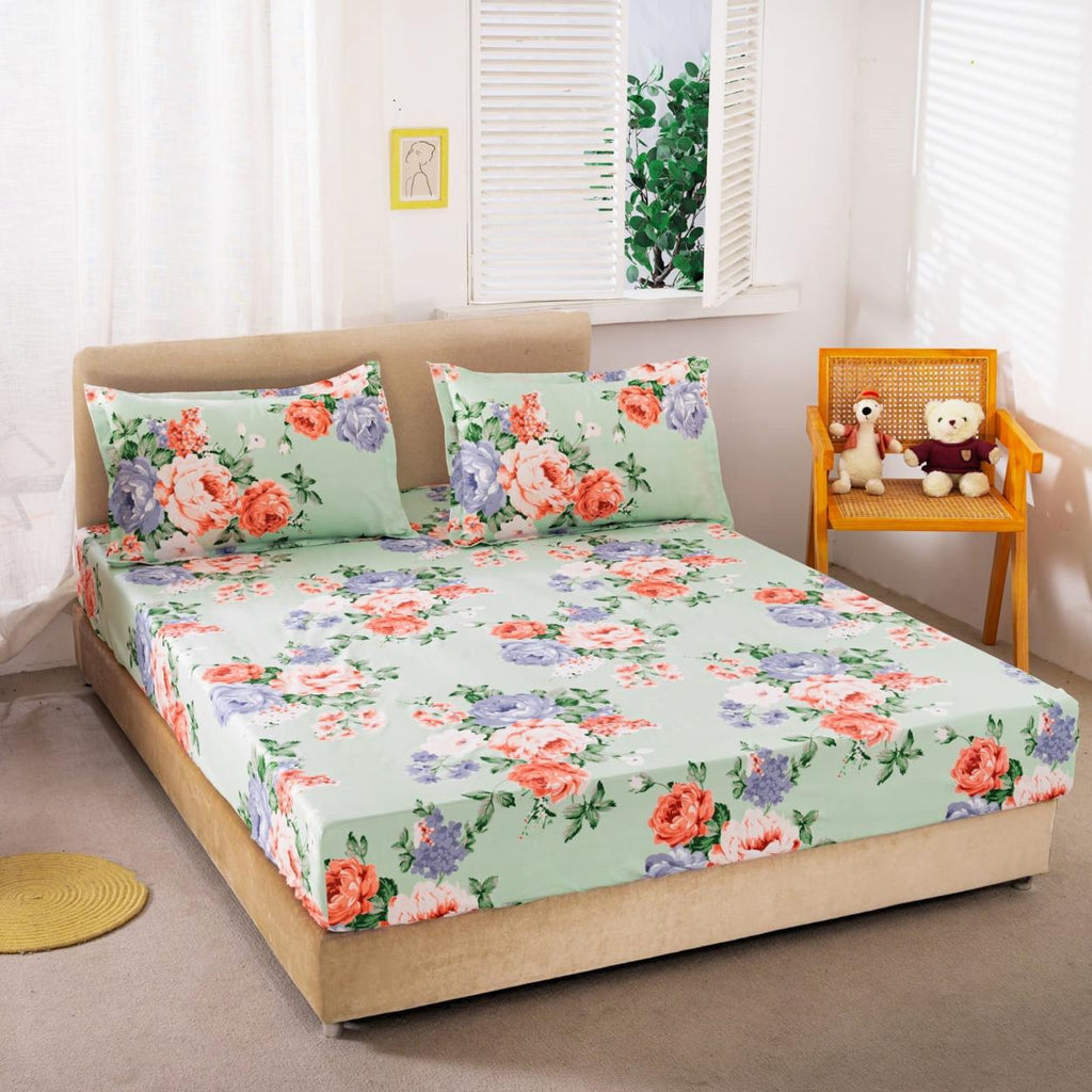 Huse cu Elastic Bumbac Satinat Pat Dublu Verzi Floral CF39