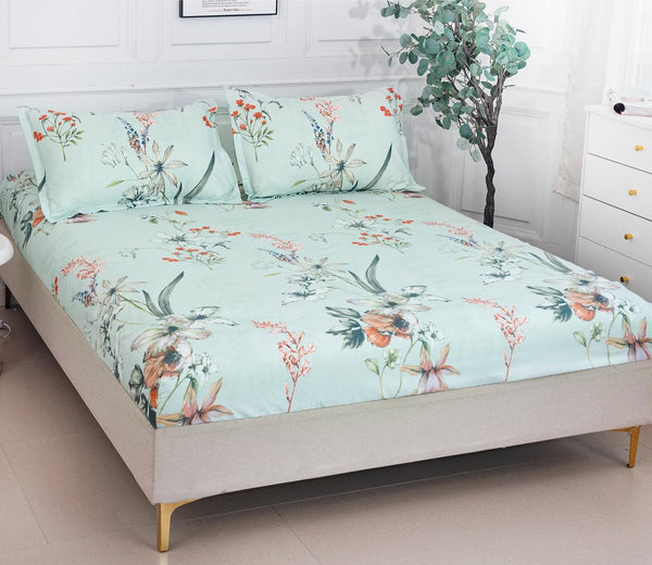 Huse cu Elastic Bumbac Satinat Pat Dublu Verde Floral CF90