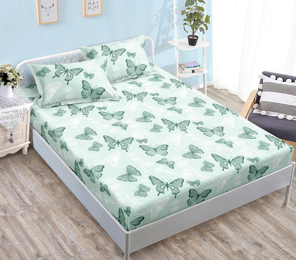 Huse cu Elastic Bumbac Satinat Pat Dublu Verde Fluturasi CF512