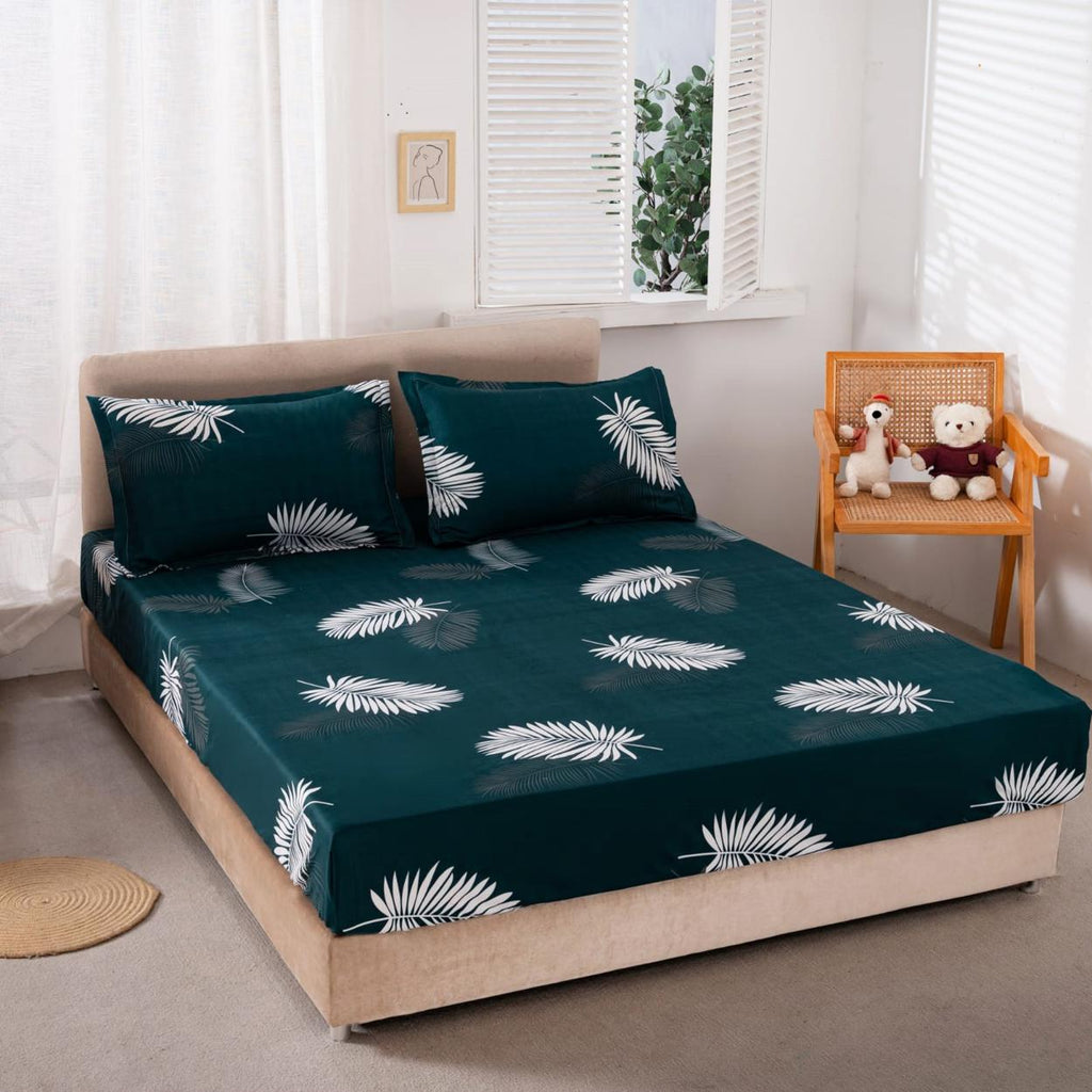 Huse cu Elastic Bumbac Satinat Pat Dublu Verzi Frunze CF53