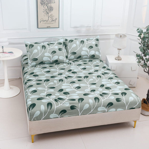 huse cu elastic bumbac satinat pat dublu verde frunze CF803