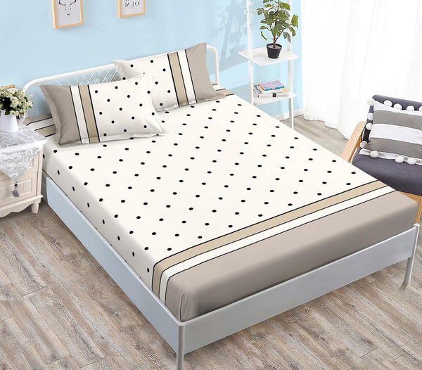 Huse Saltea cu Elastic Bumbac Finet Pat Dublu Albe Bej Buline CFN126