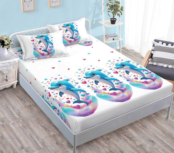 Huse Saltea cu Elastic Bumbac Finet Pat Dublu Albe Delfini Inimioare CFN265