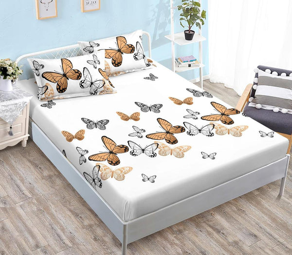 Huse Saltea cu Elastic Bumbac Finet Pat Dublu Albe Fluturasi CFN103