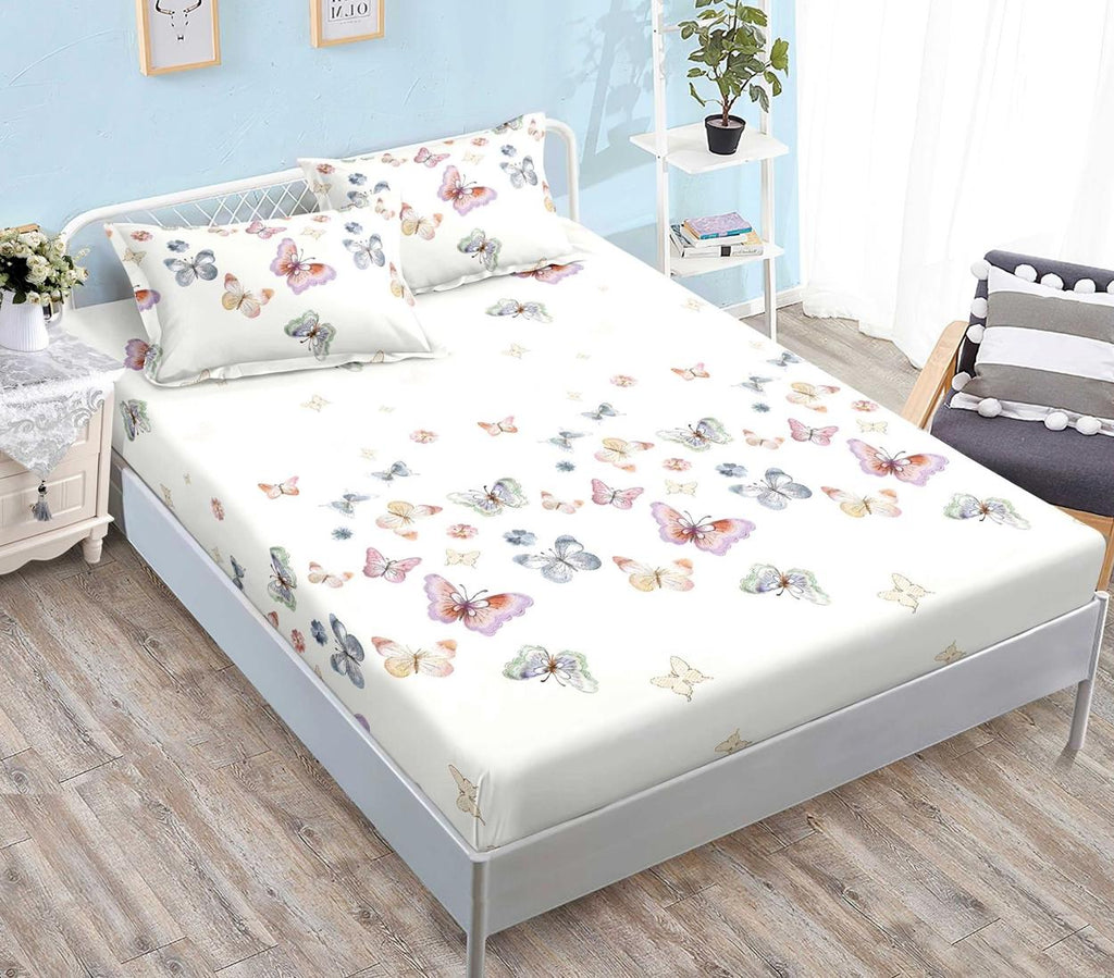 Huse Saltea cu Elastic Bumbac Finet Pat Dublu Crem Fluturasi CFN249