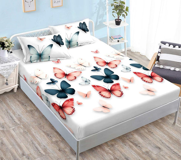 Huse Saltea cu Elastic Bumbac Finet Pat Dublu Albe Fluturasi CFN275