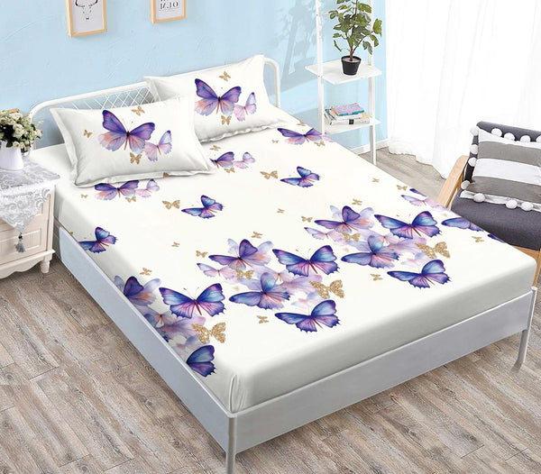 Huse Saltea cu Elastic Bumbac Finet Pat Dublu Albe Fluturasi Mov CFN279