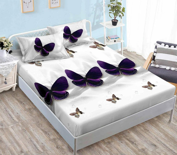 Huse Saltea cu Elastic Bumbac Finet Pat Dublu Albe Fluturasi Mov CFN75