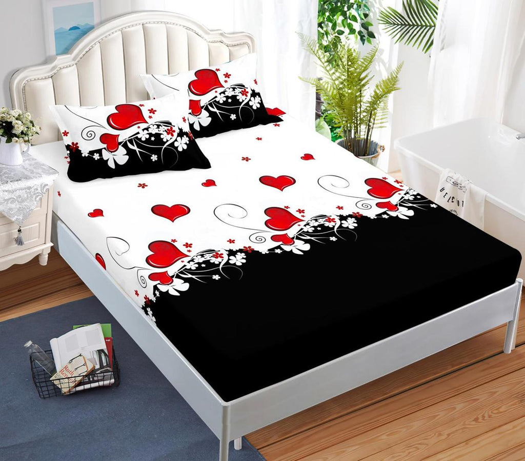 Huse Saltea cu Elastic Bumbac Finet Pat Dublu Alb Negru Inimioare CFN116