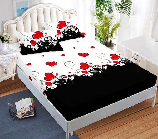 Huse Saltea cu Elastic Bumbac Finet Pat Dublu Alb Negru Inimioare CFN116