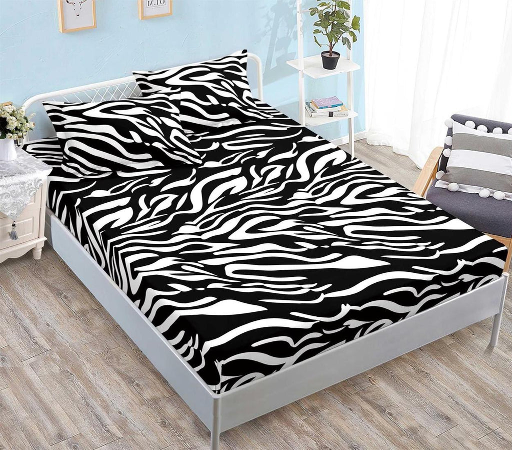 Huse Saltea cu Elastic Bumbac Finet Pat Dublu Alb Negru Animal Print Dungi CFN271