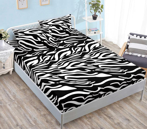 Huse Saltea cu Elastic Bumbac Finet Pat Dublu Alb Negru Animal Print Dungi CFN271