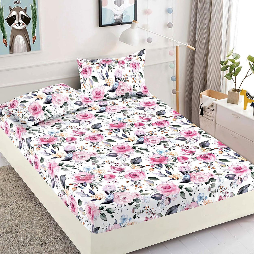 Cearceafuri cu Elastic Bumbac Finet Pat Dublu Albe Roz Floral CFJ25