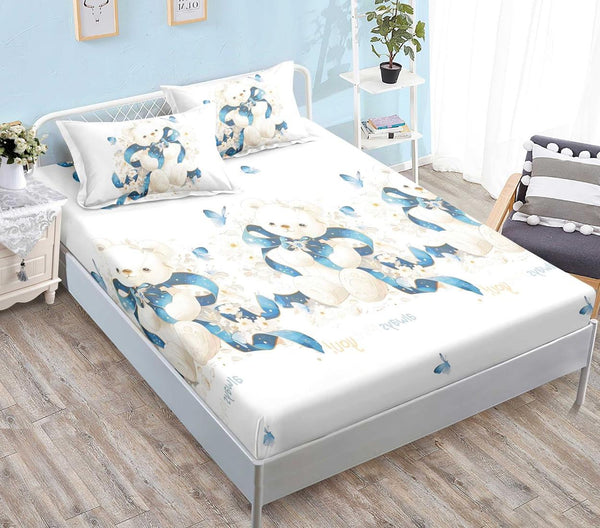 Huse Saltea cu Elastic Bumbac Finet Pat Dublu Albe Ursuleti CFN263