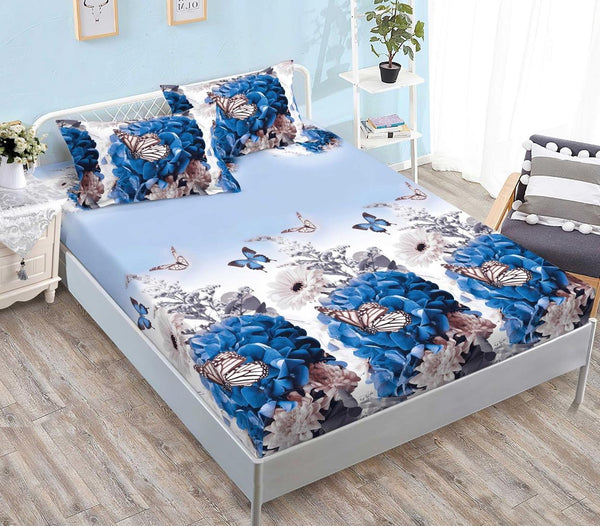 Huse Saltea cu Elastic Bumbac Finet Pat Dublu Albastre Floral CFN260