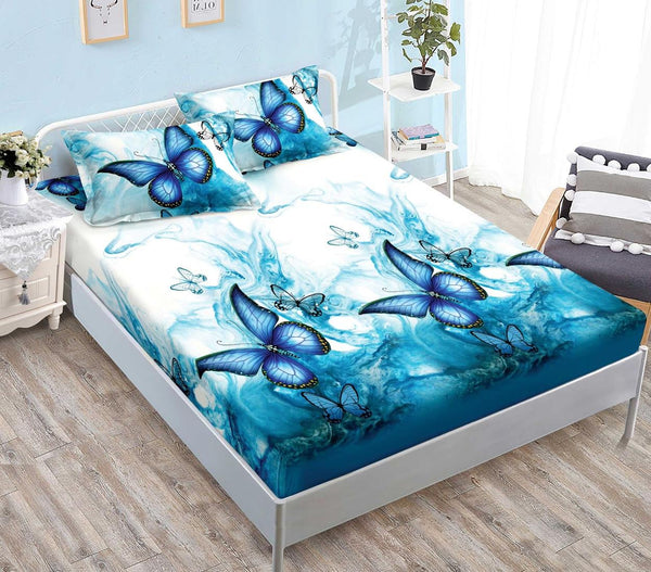 Huse Saltea cu Elastic Bumbac Finet Pat Dublu Albastre Fluturasi CFN262