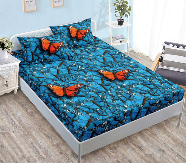 Huse Saltea cu Elastic Bumbac Finet Pat Dublu Albastre Fluturasi CFN264