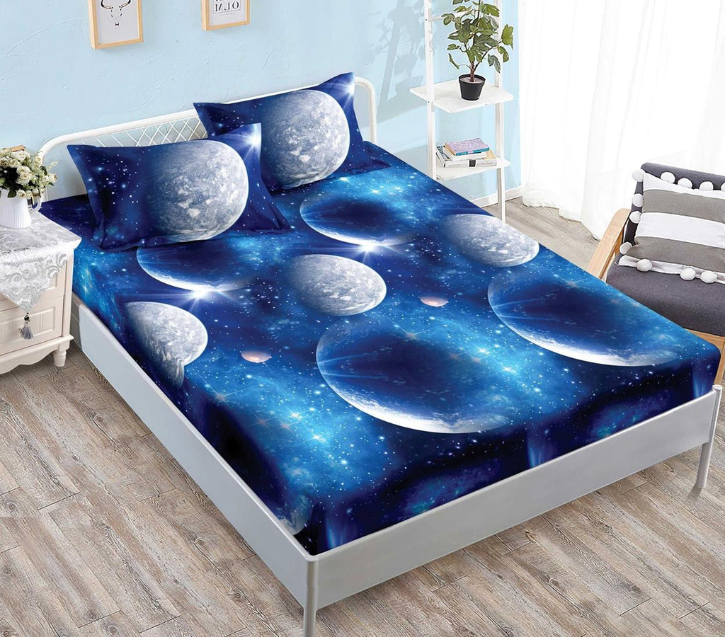 Huse Saltea cu Elastic Bumbac Finet Pat Dublu Albastre Luna Stele CFN251