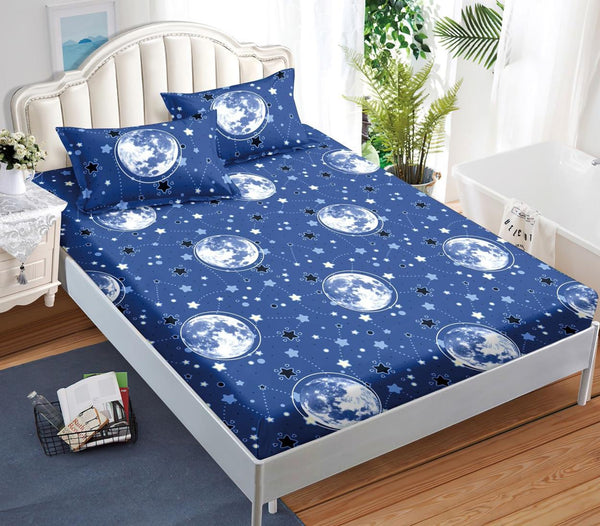 Huse Saltea cu Elastic Bumbac Finet Pat Dublu Albastre Planete Stelute CFN286