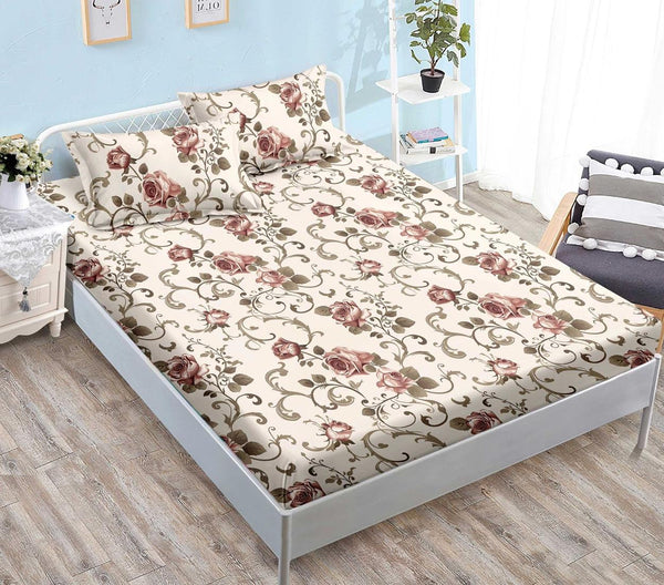 Huse Saltea cu Elastic Bumbac Finet Pat Dublu Bej Floral CFN291