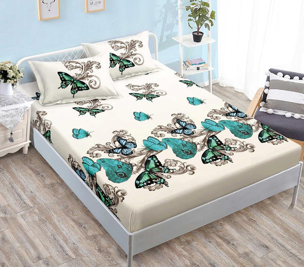 Huse Saltea cu Elastic Bumbac Finet Pat Dublu Crem Verde Fluturasi CFN248