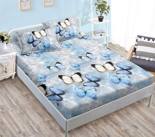 Huse Saltea cu Elastic Bumbac Finet Pat Dublu Albastru Fluturasi CFN276