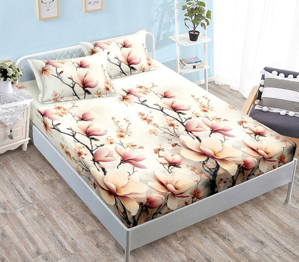 Huse Saltea cu Elastic Bumbac Finet Pat Dublu Crem Floral CFN273