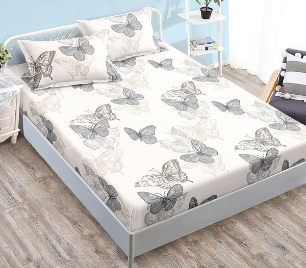 Huse Saltea cu Elastic Bumbac Finet Pat Dublu Crem Fluturasi CFN278