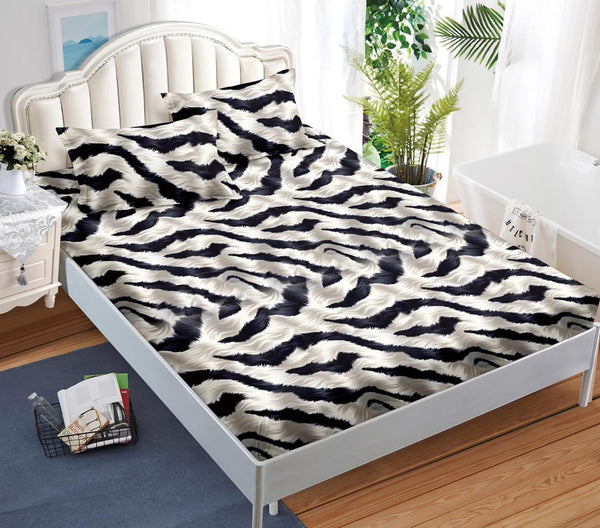 Huse Saltea cu Elastic Bumbac Finet Pat Dublu Crem Negru Animal Print CFN277