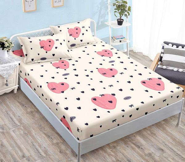 Huse Saltea cu Elastic Bumbac Finet Pat Dublu Bej Roz Inimioare CFN254