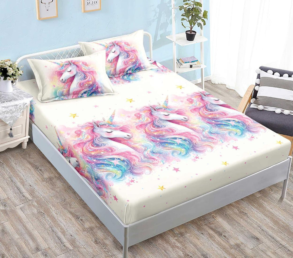 Huse Saltea cu Elastic Bumbac Finet Pat Dublu Alb Roz Unicorni CFN250
