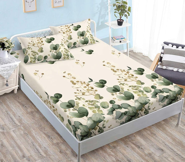 Huse Saltea cu Elastic Bumbac Finet Pat Dublu Crem Verde Frunze CFN258