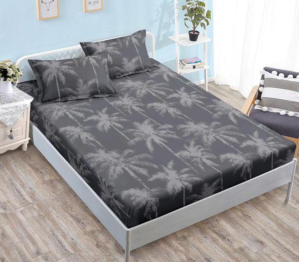 Huse Saltea cu Elastic Bumbac Finet Pat Dublu Gri Inchis Palmieri CFN272