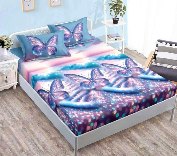 huse saltea cu elastic bumbac finet pat dublu mov albastru fluturi CFN303
