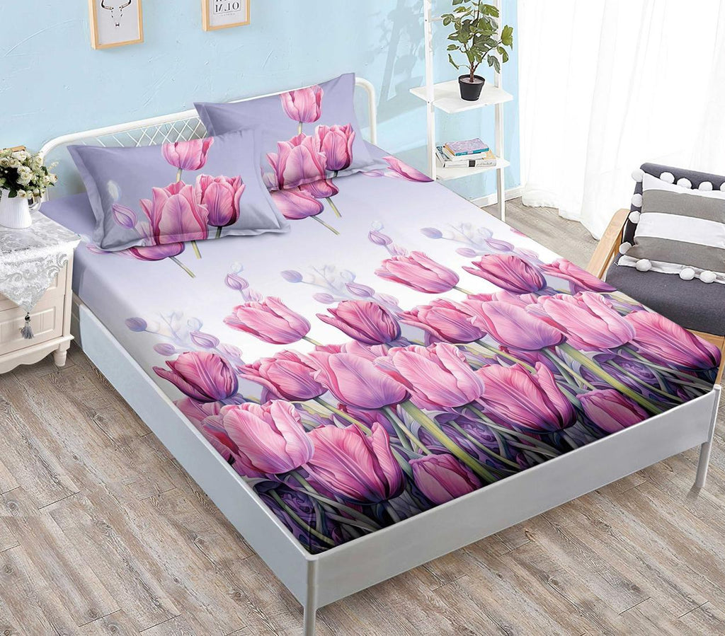 Huse Saltea cu Elastic Bumbac Finet Pat Dublu Lila Lalele Roz CFN266