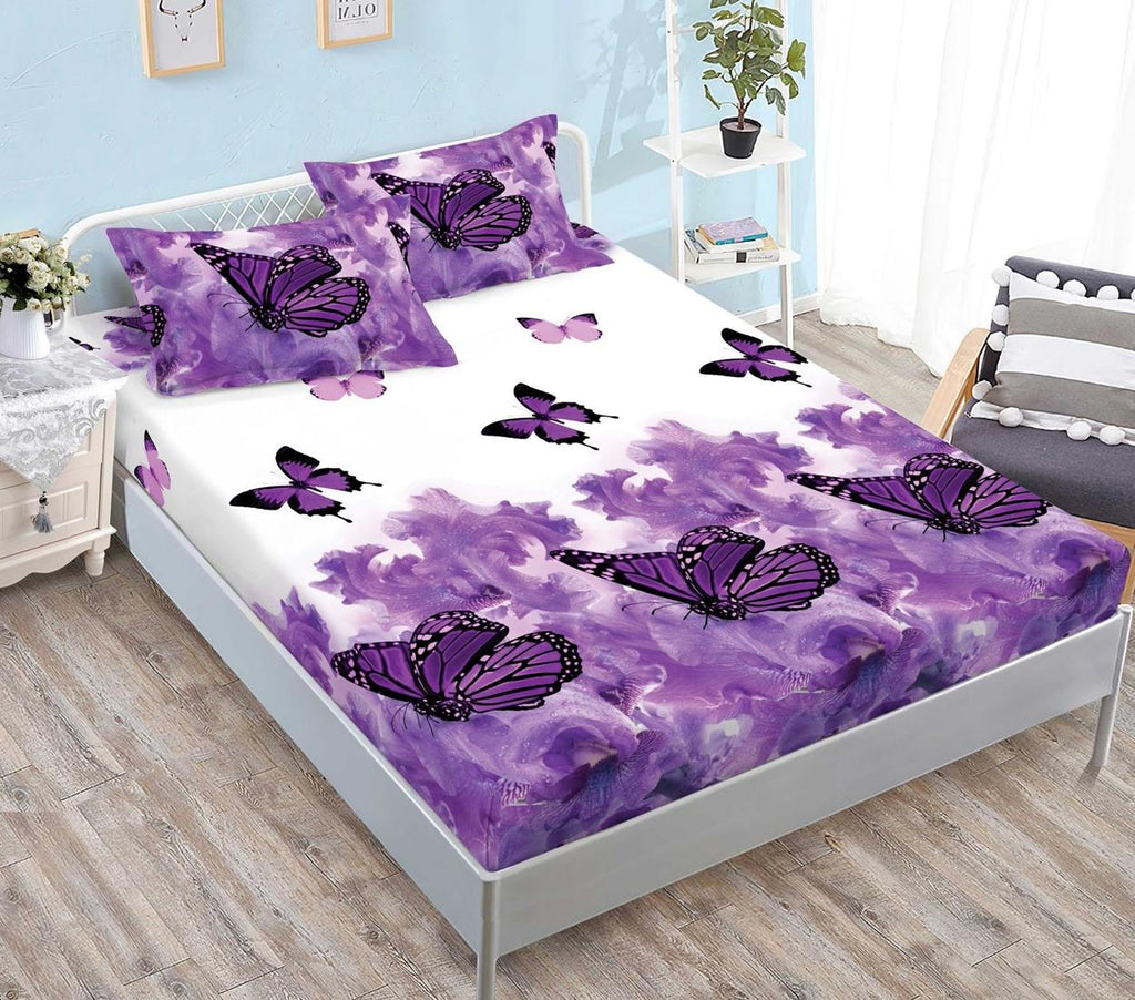 Huse Saltea cu Elastic Bumbac Finet Pat Dublu Mov Fluturasi CFN253