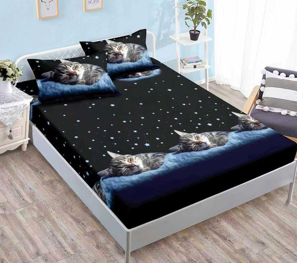 huse saltea cu elastic bumbac finet pat dublu albastru negru stele pisica CFN305