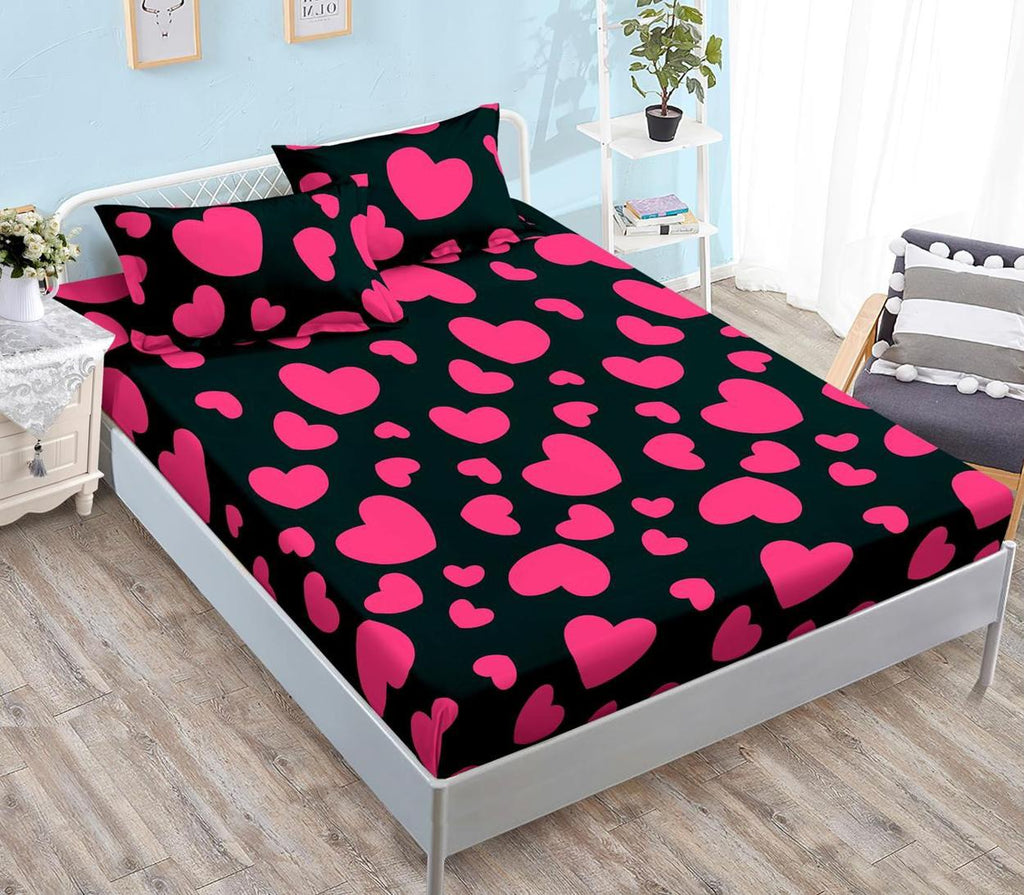 Huse Saltea cu Elastic Bumbac Finet Pat Dublu Negre Roz Inimioare CFN95