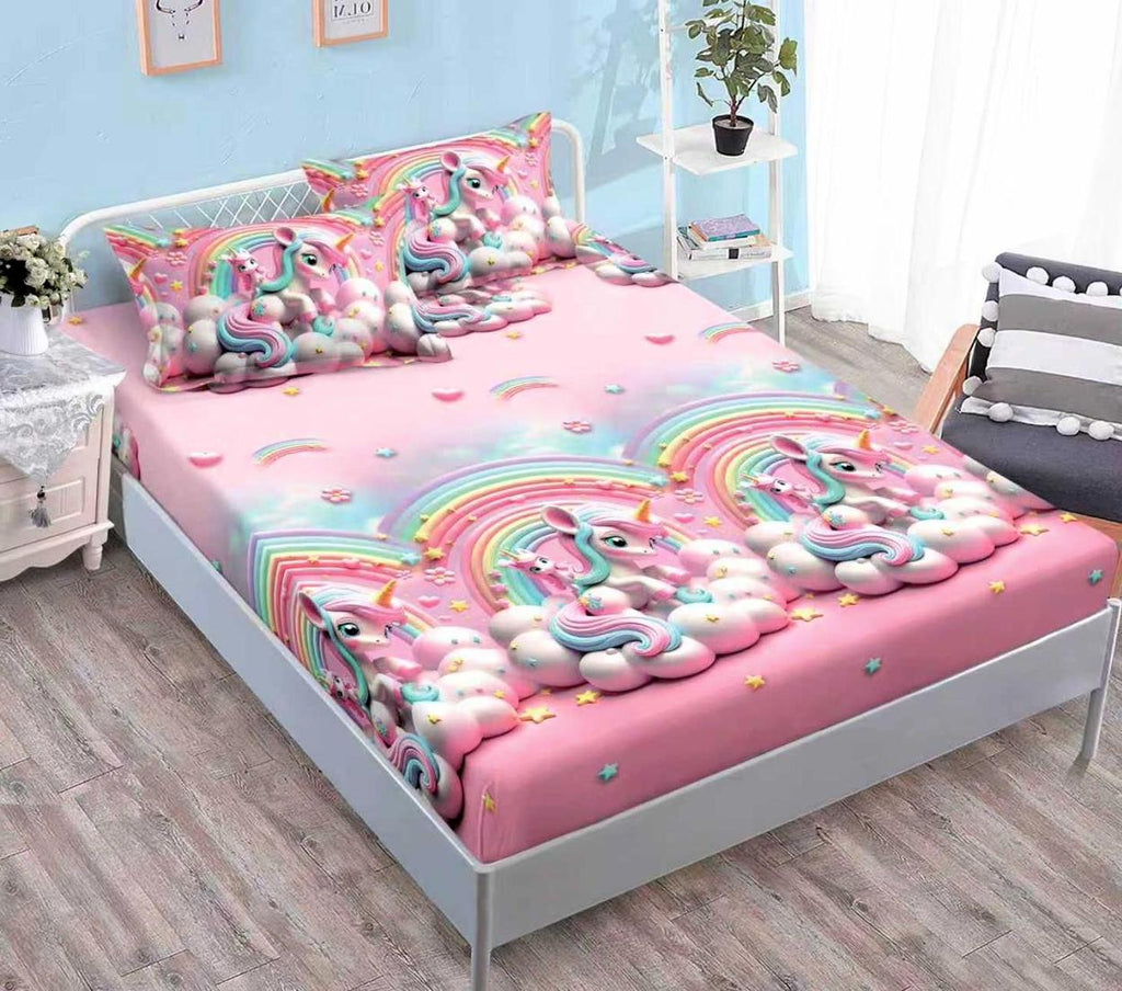 huse saltea cu elastic bumbac finet pat dublu roz curcubeu unicorni  CFN302