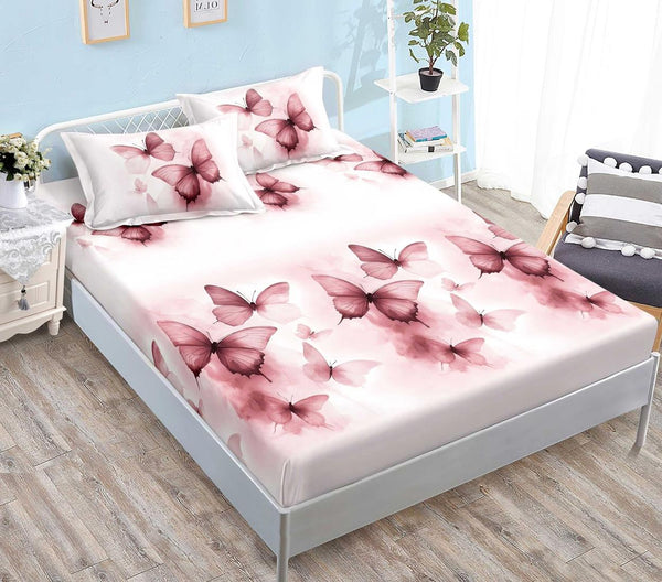 Huse Saltea cu Elastic Bumbac Finet Pat Dublu Roz Fluturasi CFN289