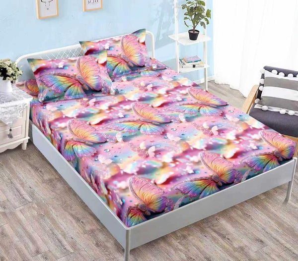 huse saltea cu elastic bumbac finet pat dublu roz mov fluturi CFN294