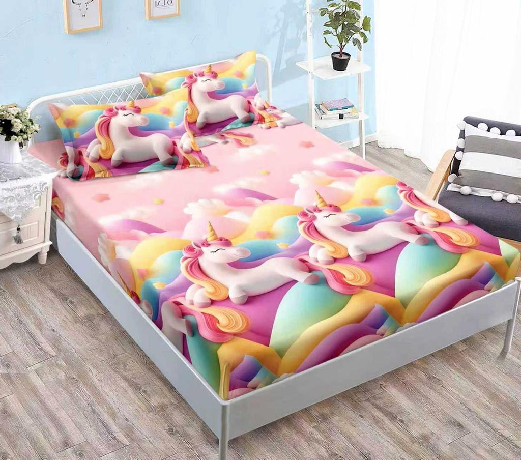 huse saltea cu elastic bumbac finet pat dublu roz multicolor unicorni CFN 306
