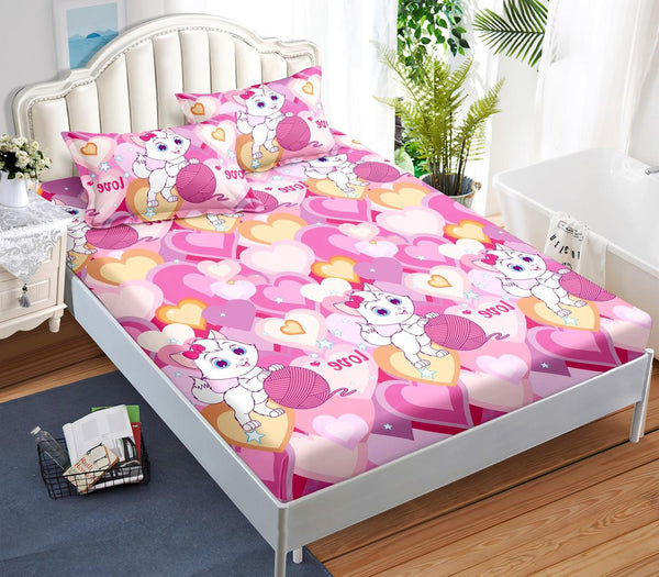 Huse Saltea cu Elastic Bumbac Finet Pat Dublu Roz Pisicute Inimioare CFN121