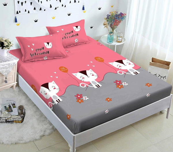 Huse Saltea cu Elastic Bumbac Finet Pat Dublu Roz Gri Desene CFN64