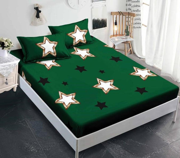 Huse Saltea cu Elastic Bumbac Finet Pat Dublu Verde Stelute CFN81