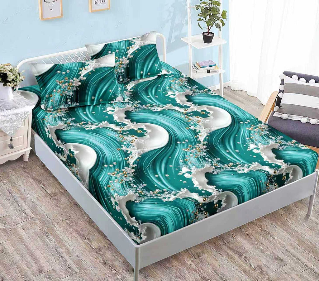 Cearceafuri cu Elastic Bumbac Finet Pat Dublu turcoaz Valuri CFN298