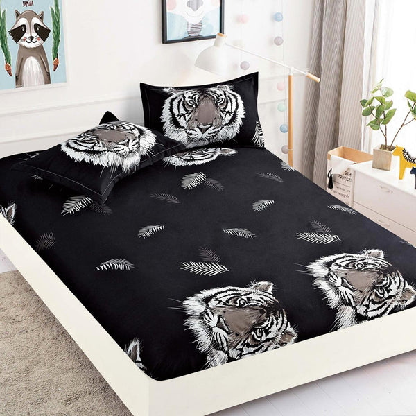 Cearceafuri cu Elastic Bumbac Finet Pat Dublu Negre Tigri CFJ305